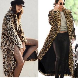 Long  Leopard Vegan Fur Open Linned Coat with Pockets